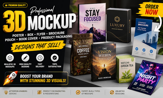 do 3d mockup poster box flyer brochure pouch design book cover product packaging