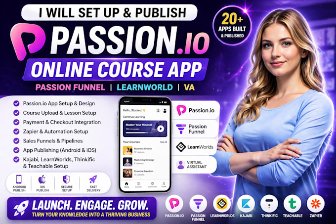 set up and publish passion io online course app passion funnel learnworld VA