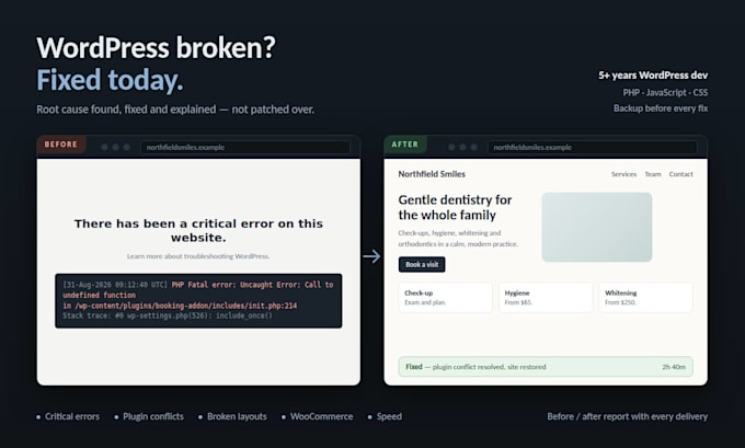 fix wordpress errors, plugin conflicts and broken layouts fast