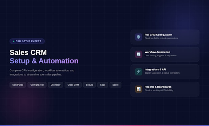 setup sendpulse highlevel clientjoy method maximizer sage scoro snovio close crm