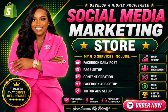 be your new social media manager, shopify marketing, facebook shop