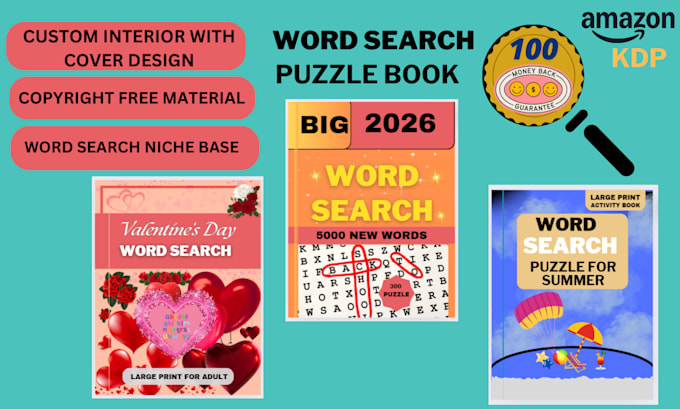 make niche based word search puzzle activity book, interior, and cover for KDP