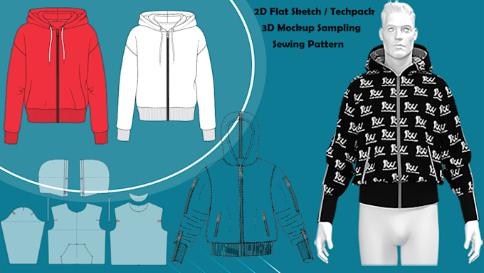 design fashion tech pack, 3d mockup, 2d flat sketch