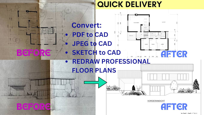convert PDF, hand sketch or image to autocad dwg floor plan
