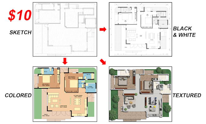 turn sketch into 2d cad and color floor plan in 24h