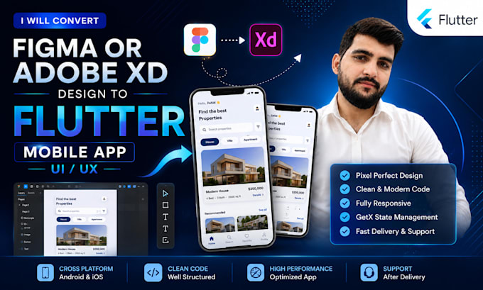 convert figma or adobe xd design to flutter mobile app UI UX