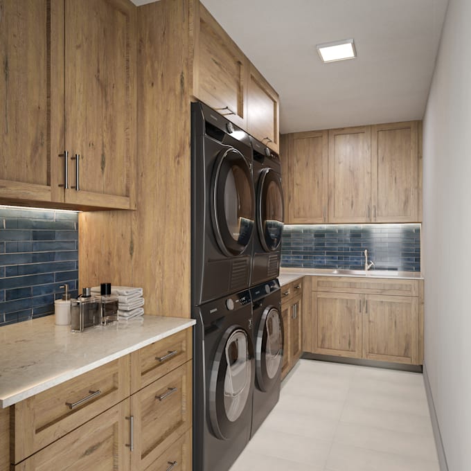 do 3d interior design of bathroom and laundry room