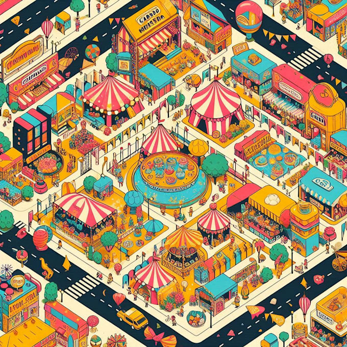 create a festival map illustration, fantasy map, city map, site map, tourist map