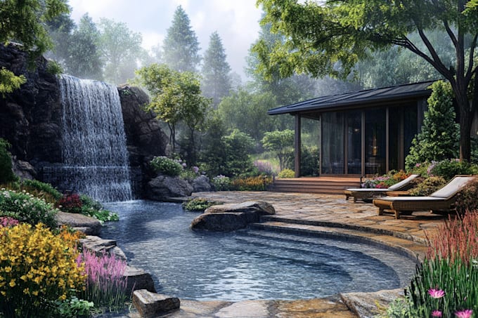 draw garden for backyard, courtyard, pool, landscape