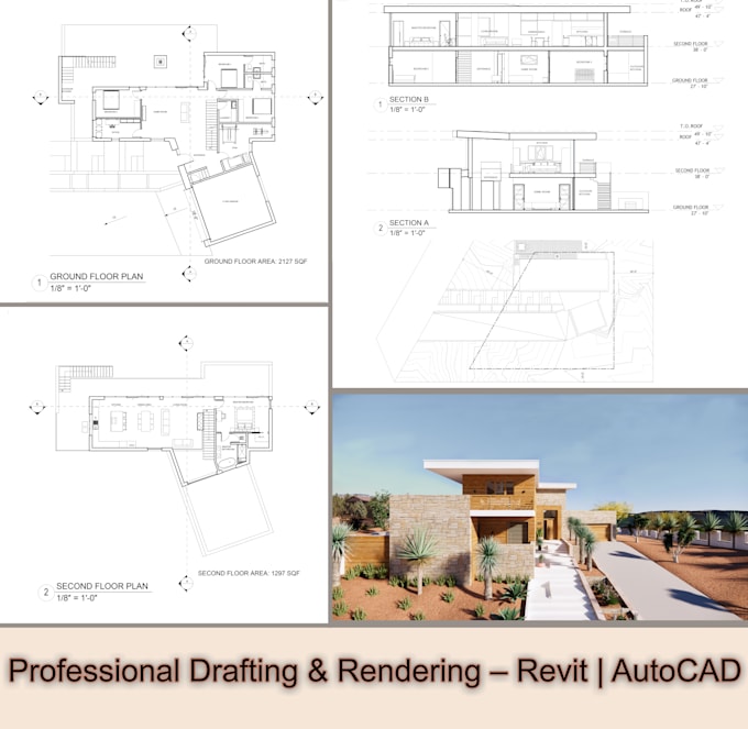 create full set architectural floor plans, elevations, sections , iso views