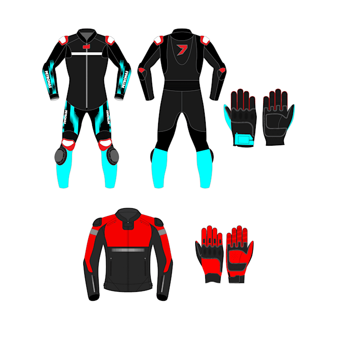 design motorcycle suits, denim and leather jackets, gloves