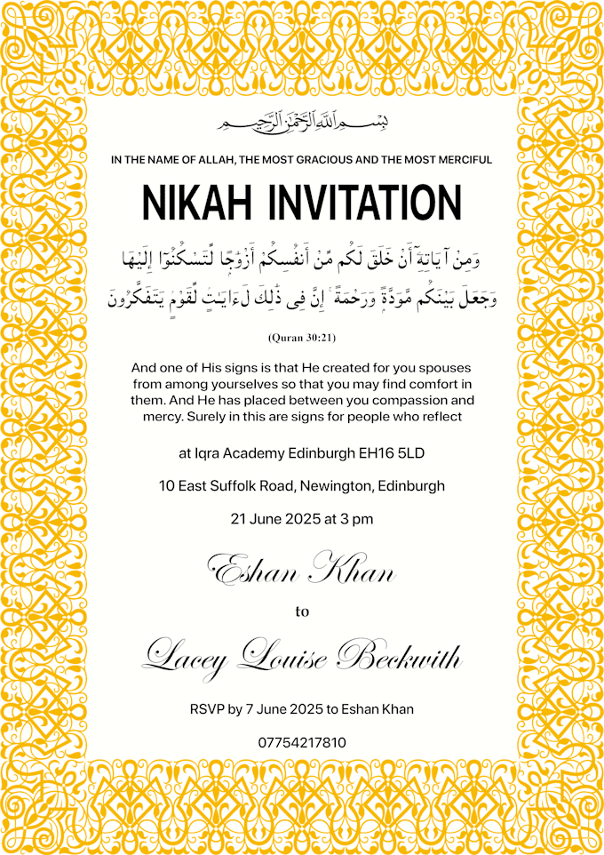 design an elegant and customized nikkah certificate for your special day