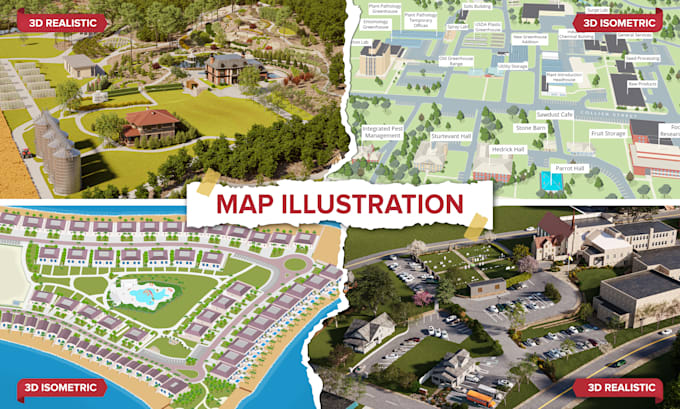 draw a 3d isometric or 3d realistic map illustration