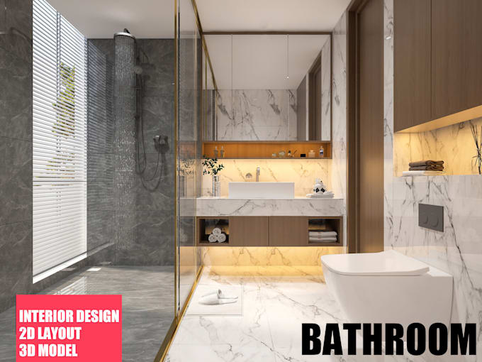 do bathroom interior design in 2d layout, 3d and render