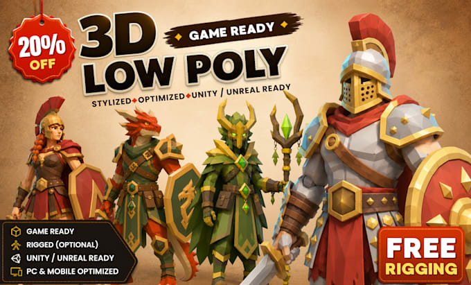 create 3d low poly character models, rigging, and animation for game assets