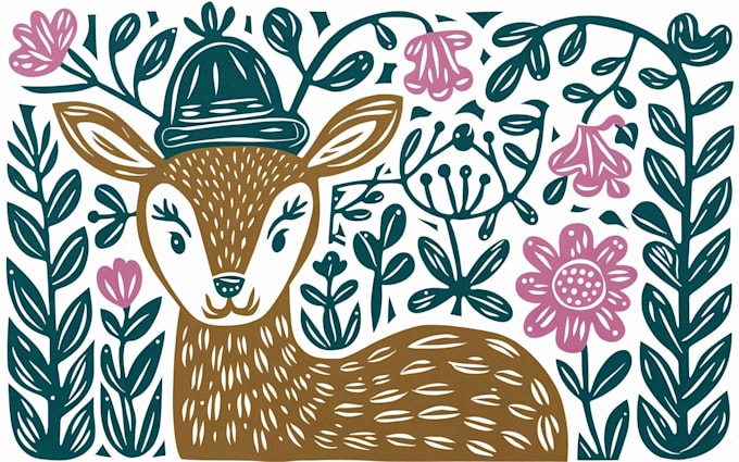 do animal and botanical linocut doodle illustration