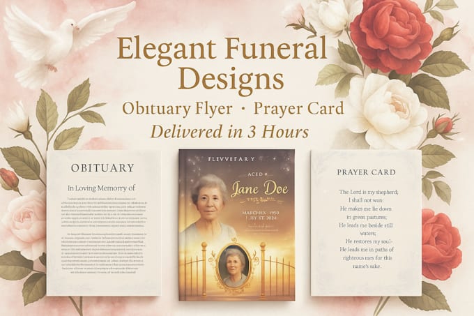 design professional funeral flyers, obituaries, and memorial prayer cards fast