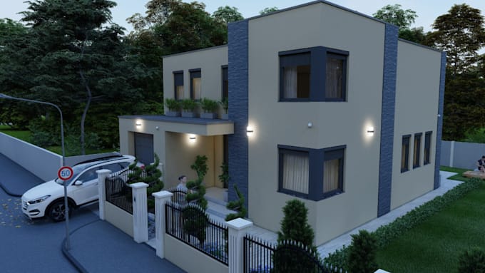 aesthetic 3d exterior interior design, landscape, garage, lighting, pool render