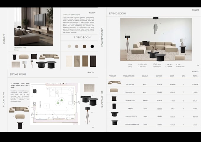 do proffesional mood board, floor plan, shopping list