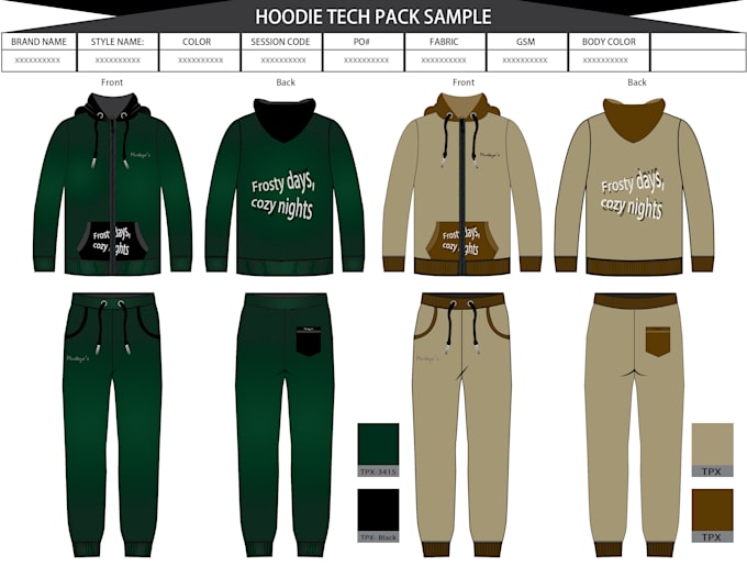 create hoodie and trouser technical tech pack design