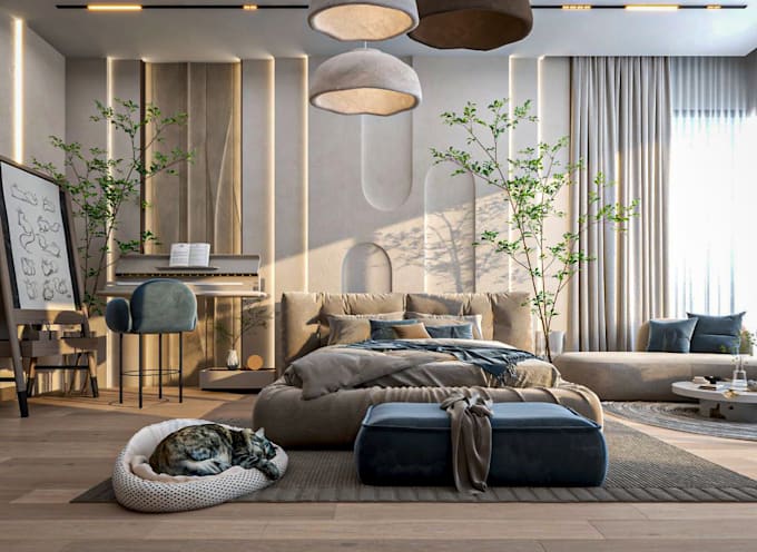 do modern interior design and realistic 3d rendering