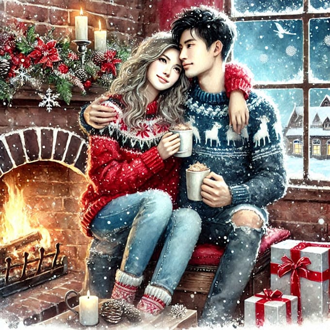draw a unique watercolor christmas couple portrait