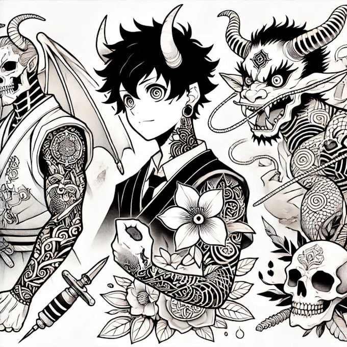 tattoo illustration anime style in lines