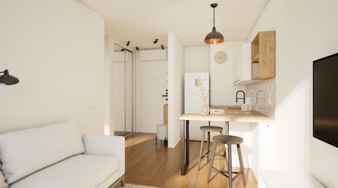 redesign tiny apartment visualization, bedroom interior,cgi bathroom walkthrough
