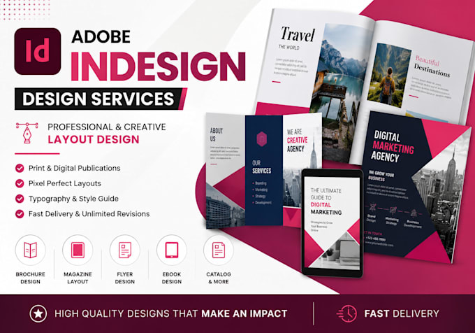 adobe indesign brochure, magazine ad, ebook, catalog, presentation, report flyer