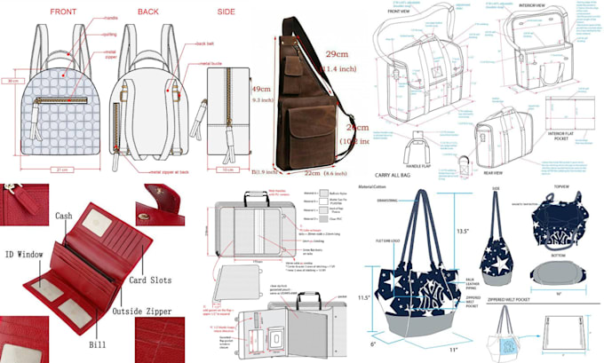 design full tech pack for bag concept backpack, handbag, purse, wallet, suitcase