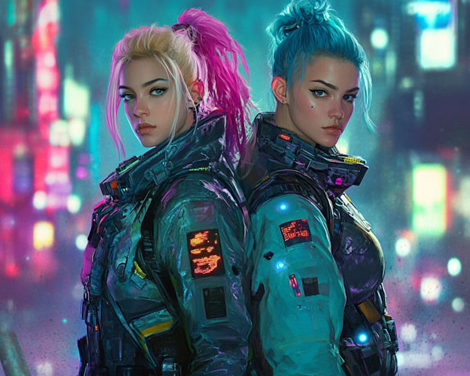 custom digital art cyborg, cyberpunk, and fantasy characters