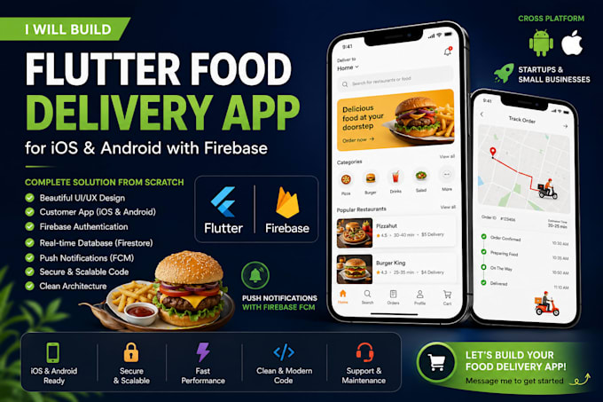 build a flutter food delivery or restaurant app for ios, android with firebase