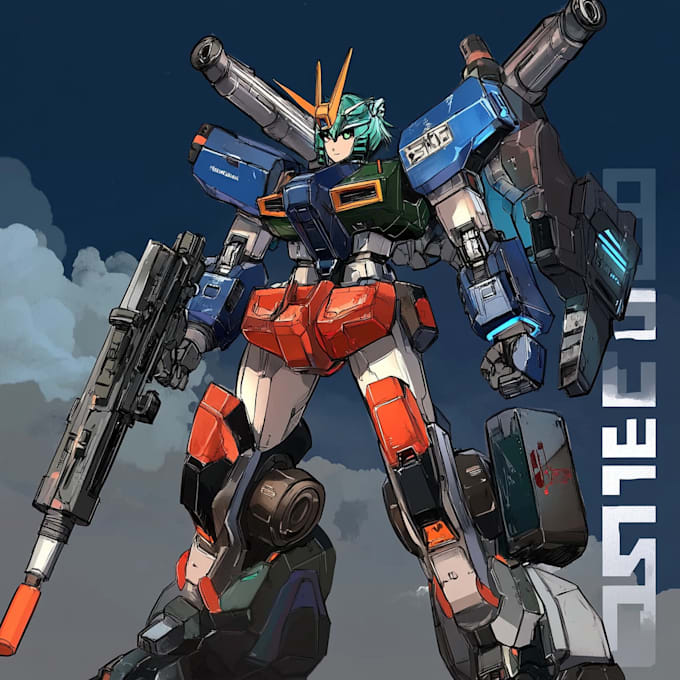 do custom digital 2d anime mecha art illustration