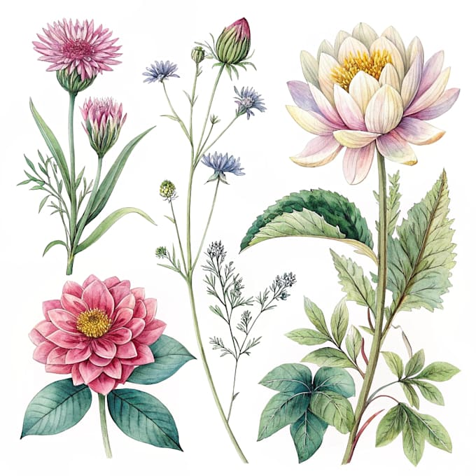 watercolor botanical illustrations of flowers