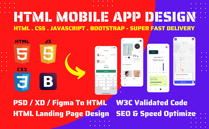 design mobile application using html css javascript, psd xd figma to mobile apps