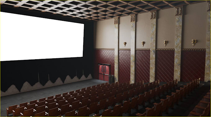 classic movie theater interior render, film and gaming, isometric room,3d cinema