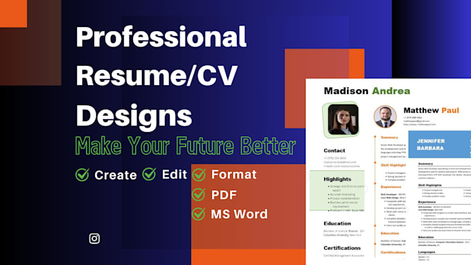 make a professional resume design or a modern cv template
