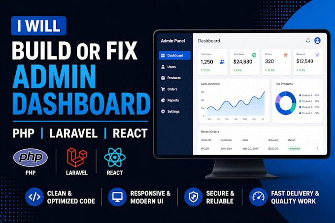 build or fix admin dashboard using laravel react or PHP