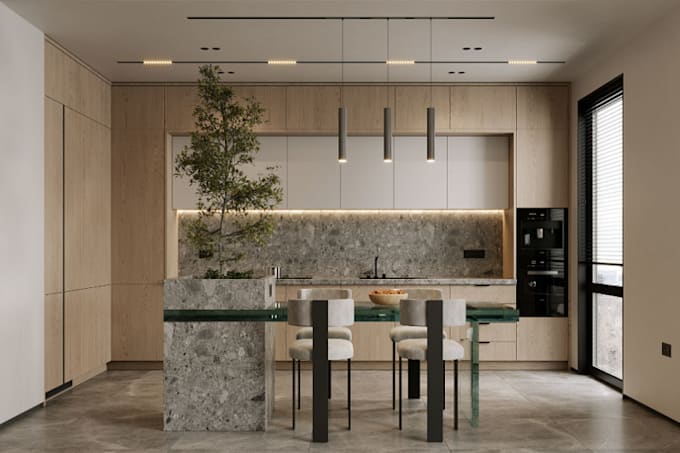 cgi 3d kitchen interior  render , visualize house,  dinning room design, layout