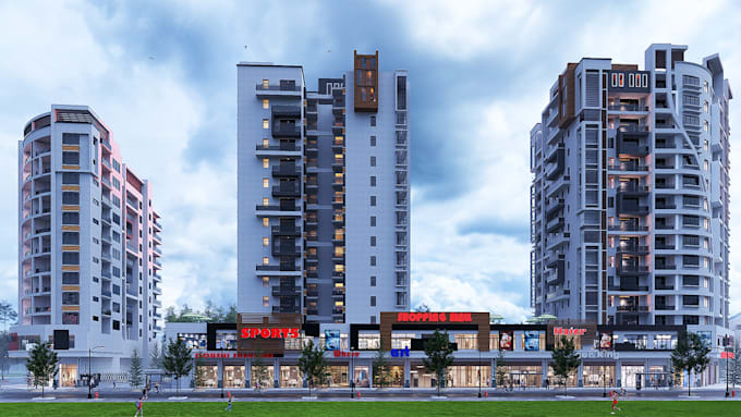 do retail, apartment building design with 3d model rendering