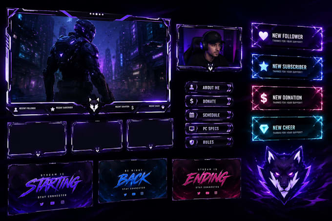 design animated twitch stream overlay, kick overlay and stream package