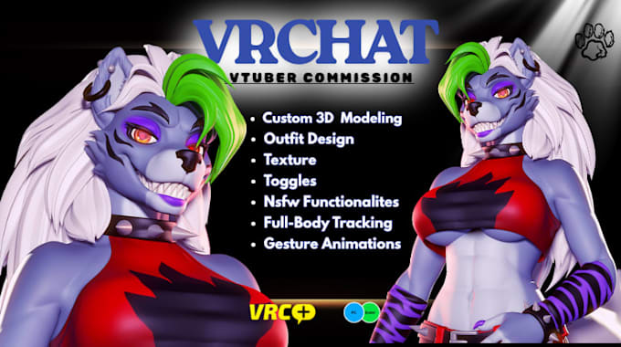 do custom 3d furry vtuber model, nsfw vrchat avatar, for pc, quest, vrm rigging