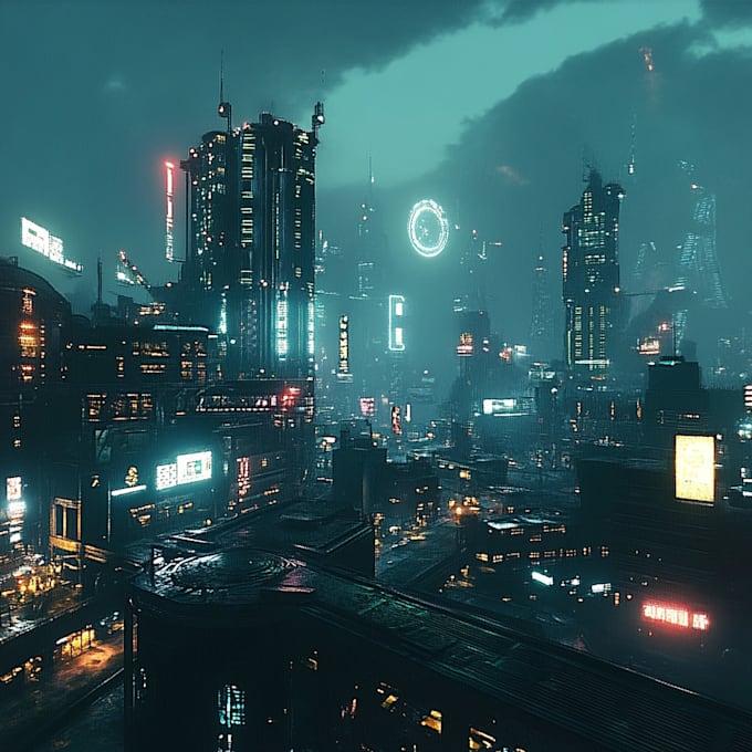 Draw a cyberpunk futuristic city art by Rhinoda | Fiverr