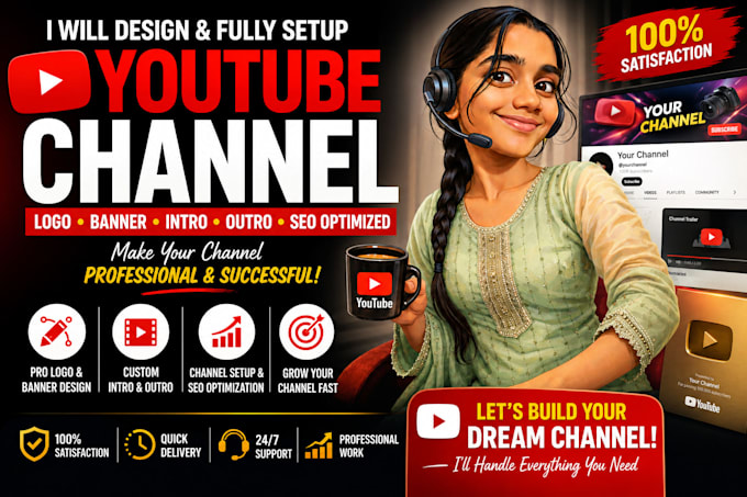 design a pro logo, banner, intro, outro and fully set up your youtube channel
