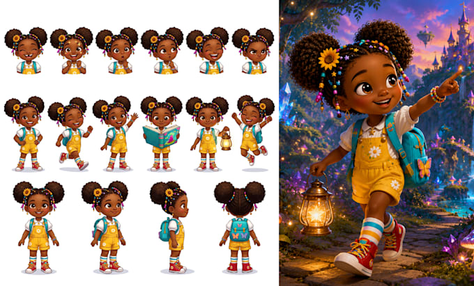 design unique children book characters with consistent expressions and poses