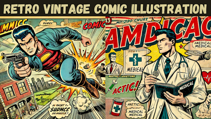 illustrate vintage comic book cover comic page strip comic panel retro comic art