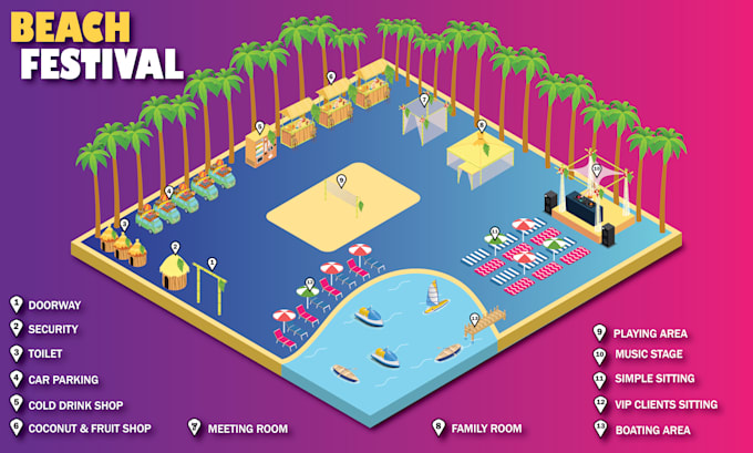 design 3d isometric event map and vector maps illustrations
