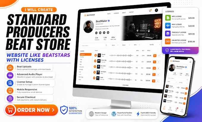 create a standard producers beat store website like beatstars with licenses