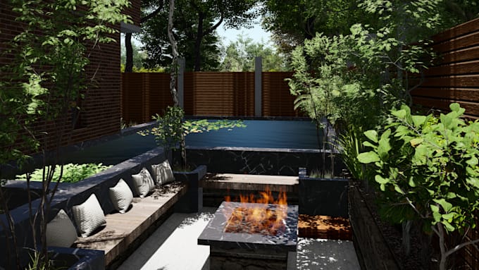 design backyard landscape, garden, patio, pool, outdoor kitchen and 3d render