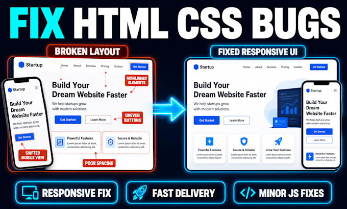 fix HTML CSS javascript bugs and responsive issues fast